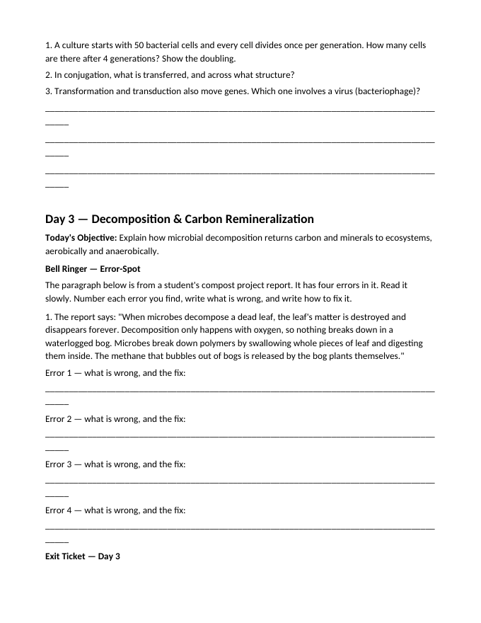 Bacteria and Microorganisms Bell Ringers & Exit Tickets sample page