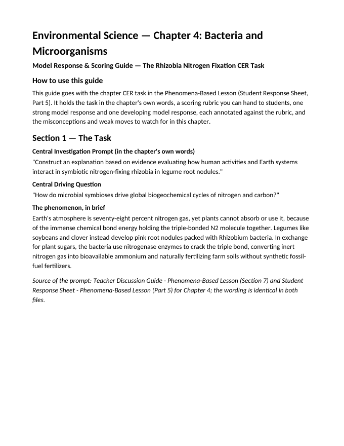 Bacteria and Microorganisms Model Response & Scoring Guide sample page