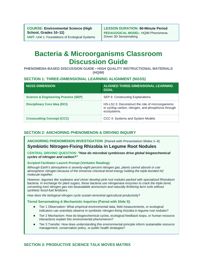 Bacteria and Microorganisms Phenomena-Based Lesson: Symbiotic Nitrogen-Fixing Rhizobia in Legume Root Nodules Teacher Discussion Guide sample page