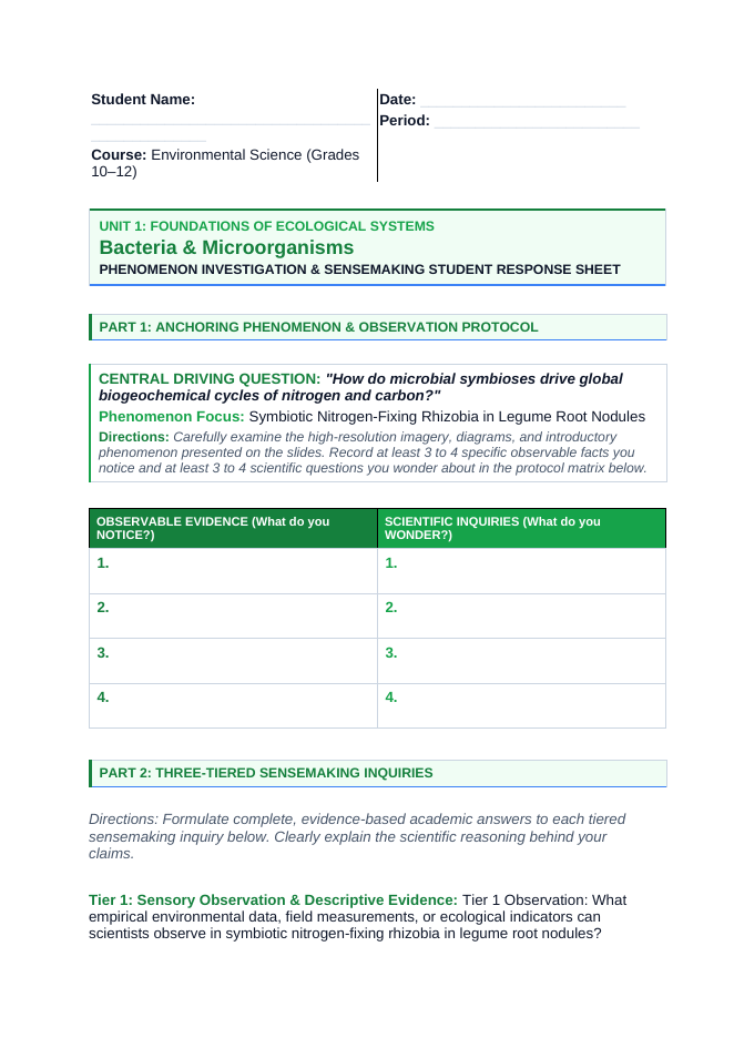 Bacteria and Microorganisms Phenomena-Based Lesson: Symbiotic Nitrogen-Fixing Rhizobia in Legume Root Nodules Student Response Sheet sample page