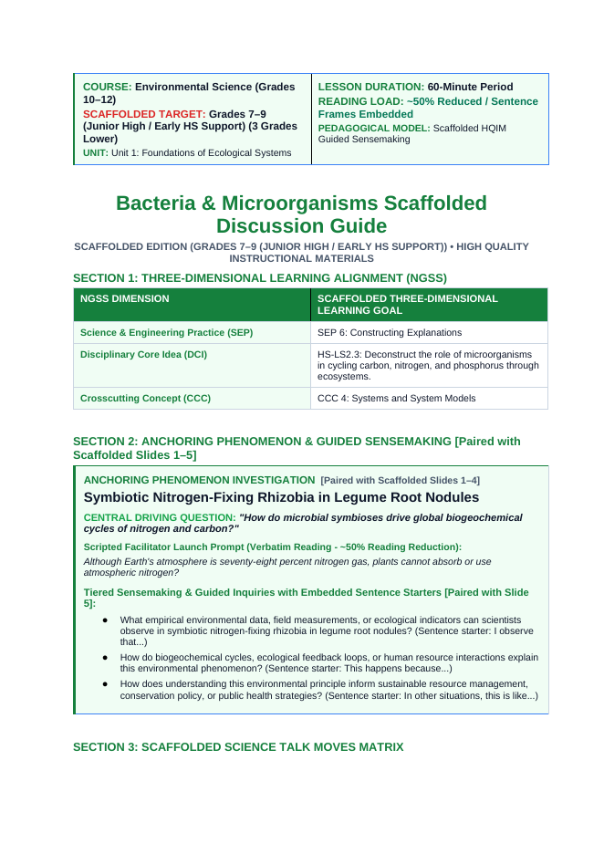 Bacteria and Microorganisms Scaffolded Phenomena-Based Lesson: Symbiotic Nitrogen-Fixing Rhizobia in Legume Root Nodules Teacher Discussion Guide sample page