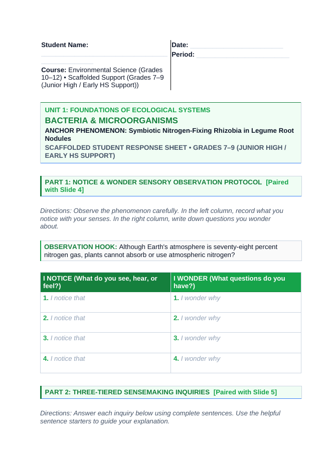 Bacteria and Microorganisms Scaffolded Phenomena-Based Lesson: Symbiotic Nitrogen-Fixing Rhizobia in Legume Root Nodules Student Response Sheet sample page