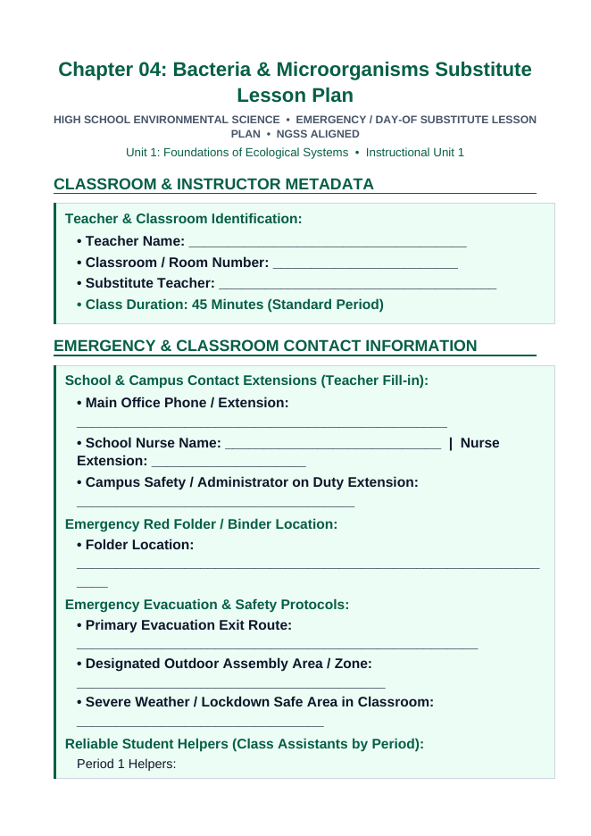 Bacteria and Microorganisms Substitute Lesson Plan sample page