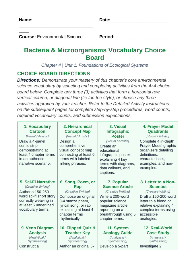 Bacteria and Microorganisms Vocabulary Choice Board sample page