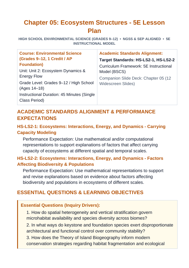 Ecosystem Structures 5E Lesson Plan sample page