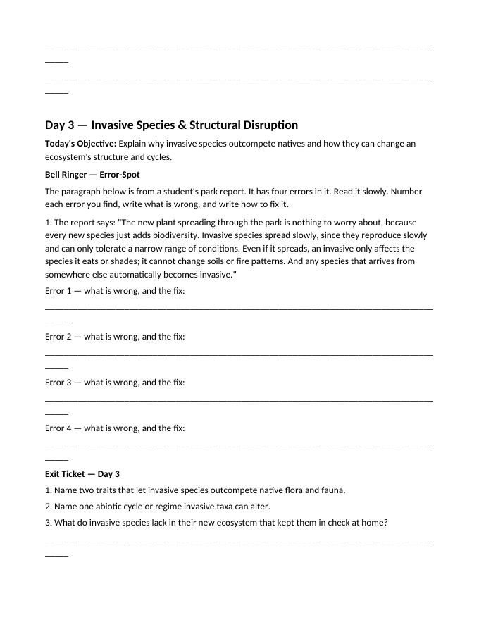 Ecosystem Structures Bell Ringers & Exit Tickets sample page