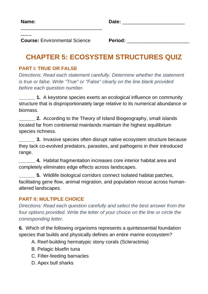 Ecosystem Structures Lesson Quiz sample page