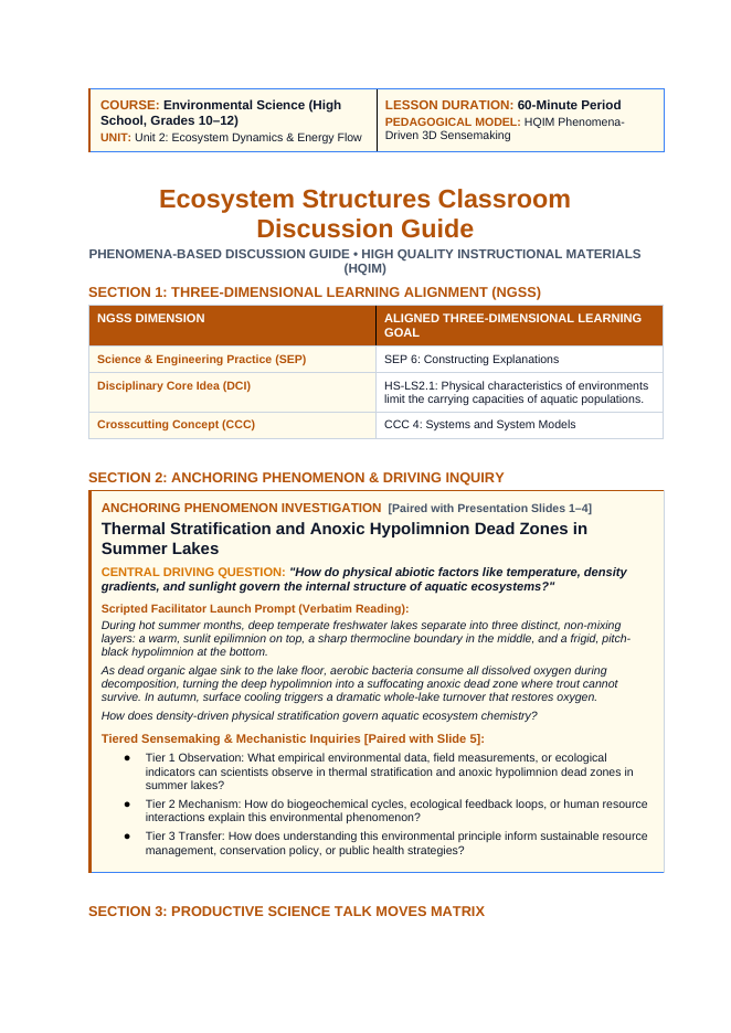 Ecosystem Structures Phenomena-Based Lesson: Thermal Stratification and Anoxic Hypolimnion Dead Zones in Summer Lakes Teacher Discussion Guide sample page