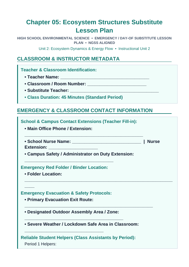 Ecosystem Structures Substitute Lesson Plan sample page