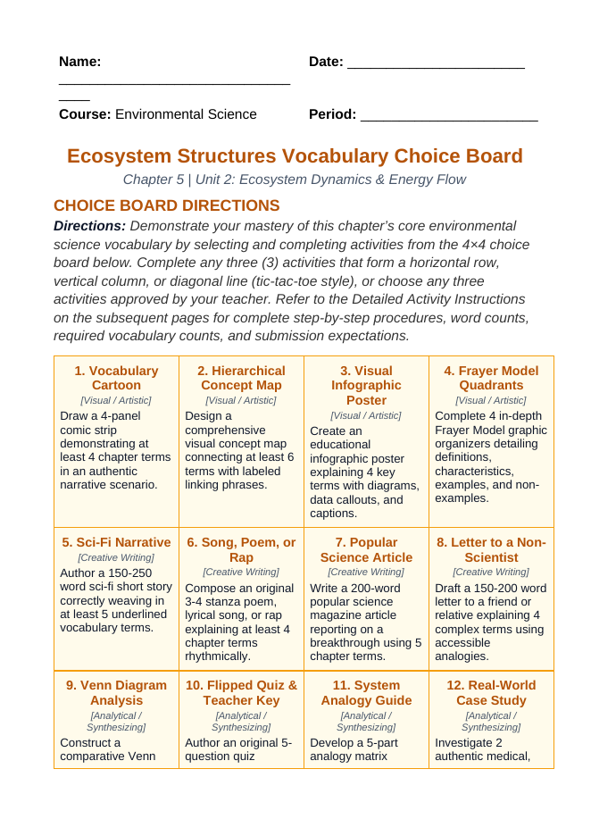 Ecosystem Structures Vocabulary Choice Board sample page