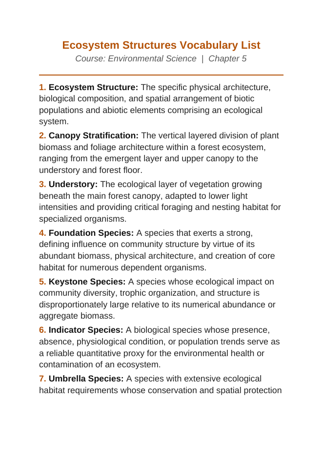 Ecosystem Structures Vocabulary Words & Definitions sample page