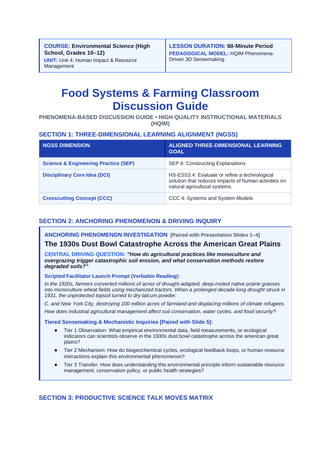 Food Systems and Farming Phenomena-Based Lesson: The 1930s Dust Bowl Catastrophe Across the American Great Plains Teacher Discussion Guide sample page