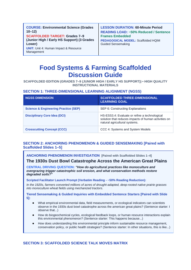 Food Systems and Farming Scaffolded Phenomena-Based Lesson: The 1930s Dust Bowl Catastrophe Across the American Great Plains Teacher Discussion Guide sample page