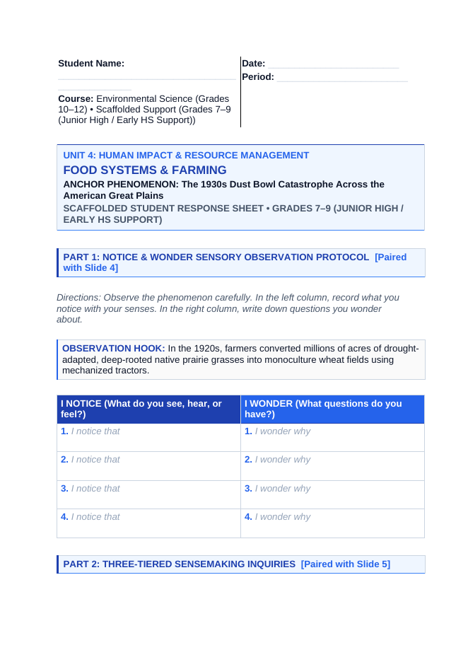 Food Systems and Farming Scaffolded Phenomena-Based Lesson: The 1930s Dust Bowl Catastrophe Across the American Great Plains Student Response Sheet sample page