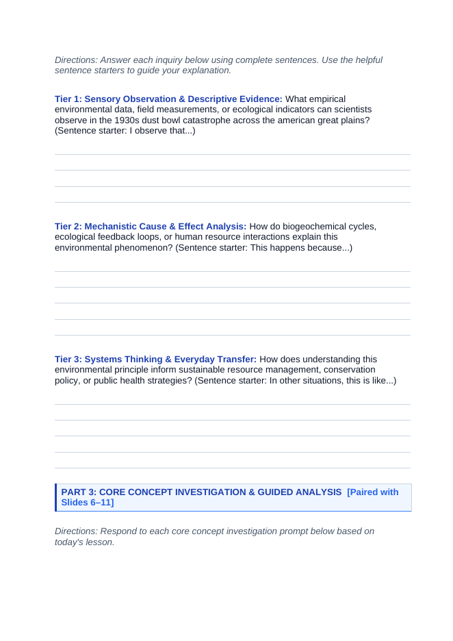 Food Systems and Farming Scaffolded Phenomena-Based Lesson: The 1930s Dust Bowl Catastrophe Across the American Great Plains Student Response Sheet sample page