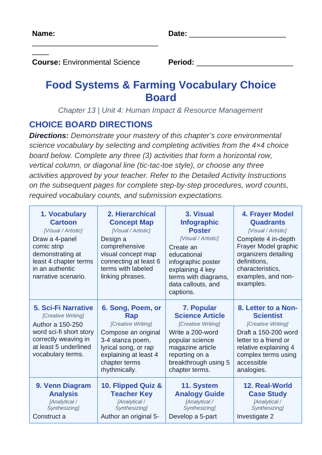 Food Systems and Farming Vocabulary Choice Board sample page