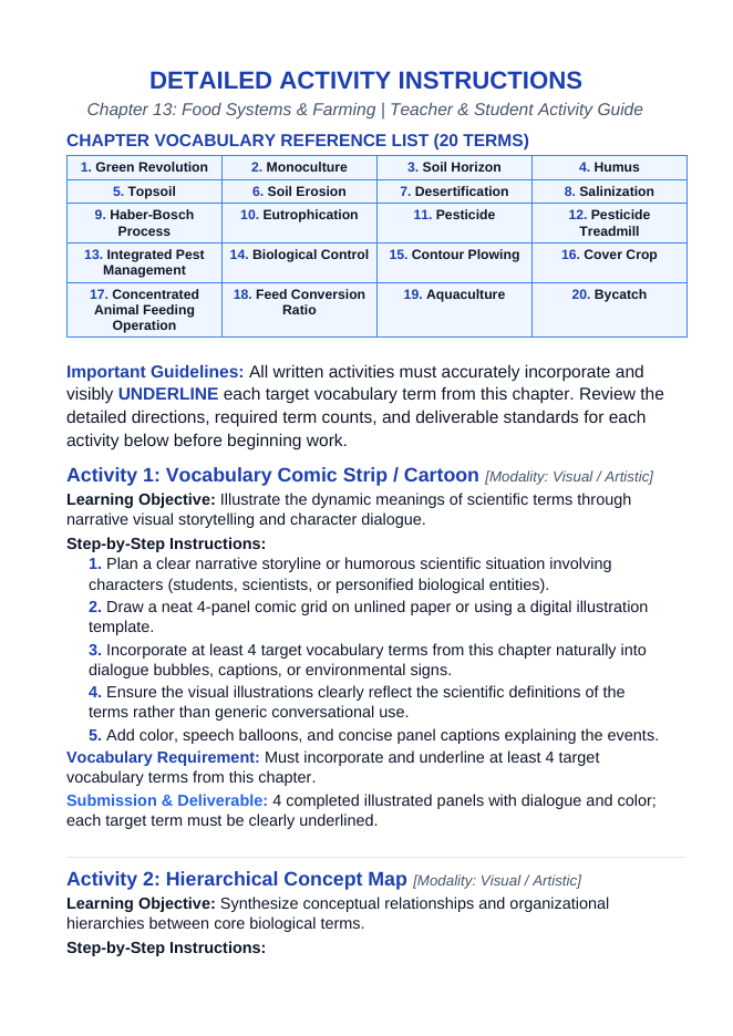 Food Systems and Farming Vocabulary Choice Board sample page