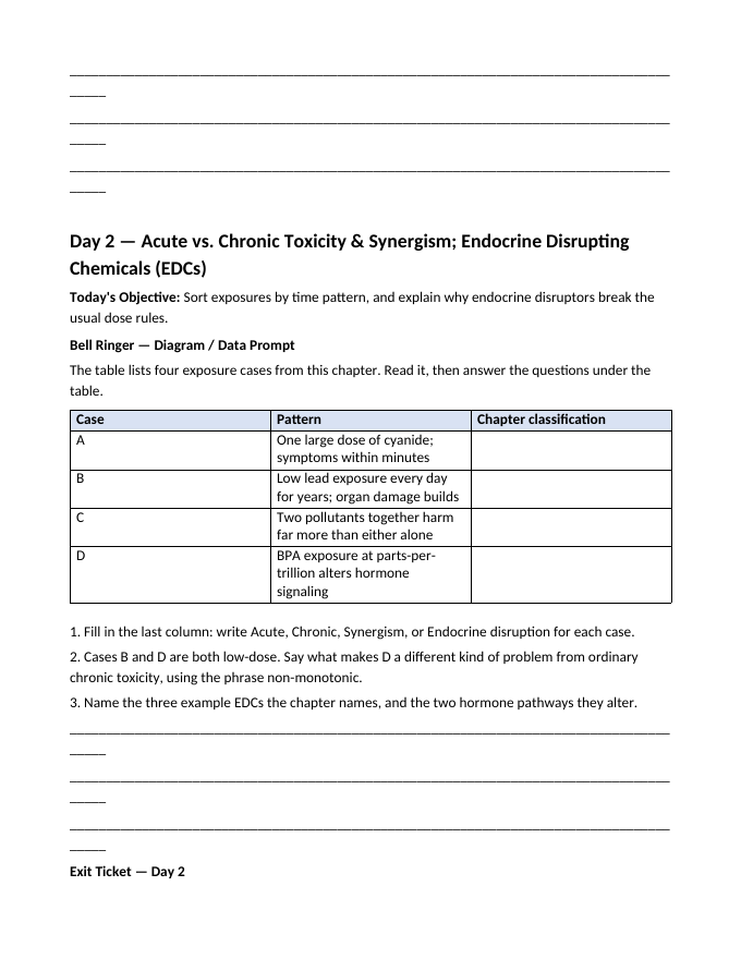 Health and the Environment Bell Ringers & Exit Tickets sample page