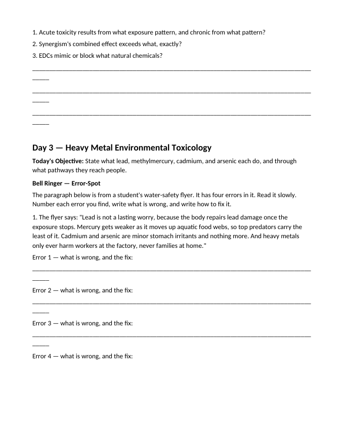 Health and the Environment Bell Ringers & Exit Tickets sample page
