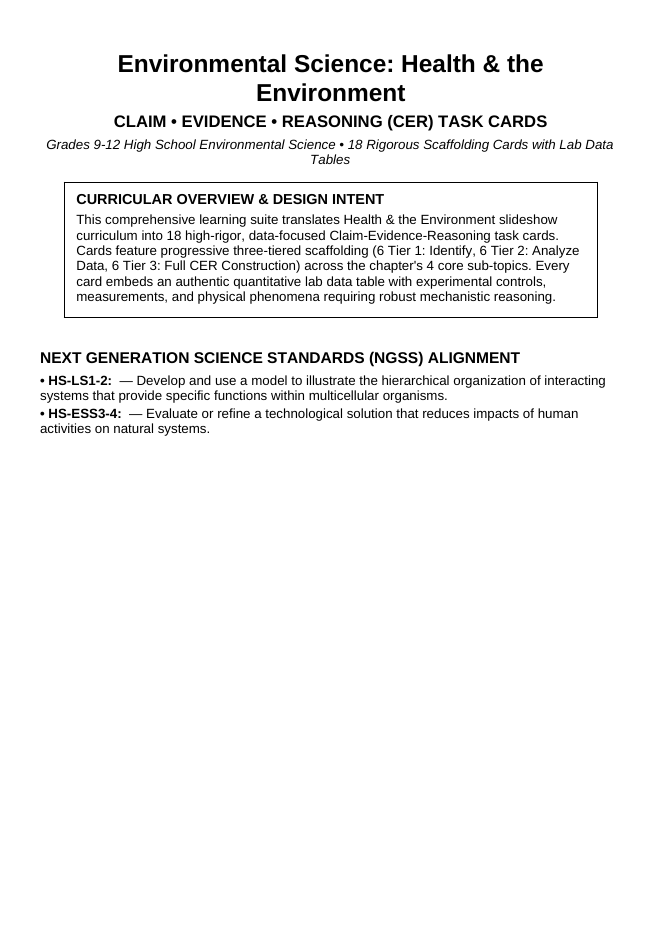 Health and the Environment CER Task Cards sample page