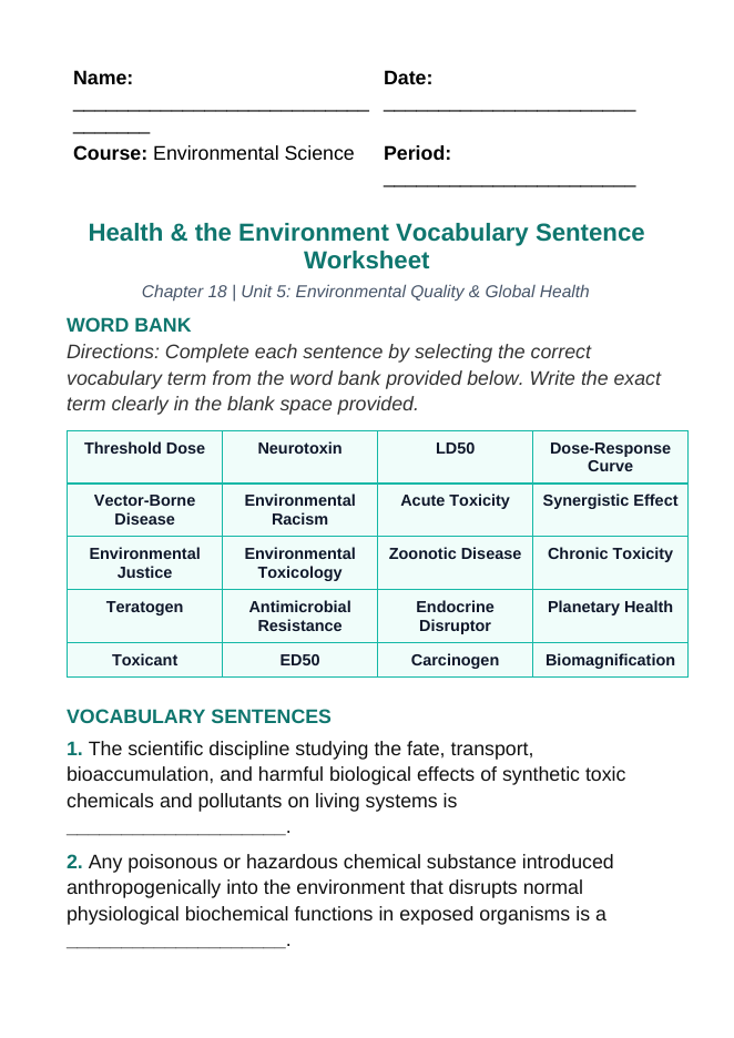 Health and the Environment Fill-in-the-Blank Vocabulary Worksheet sample page