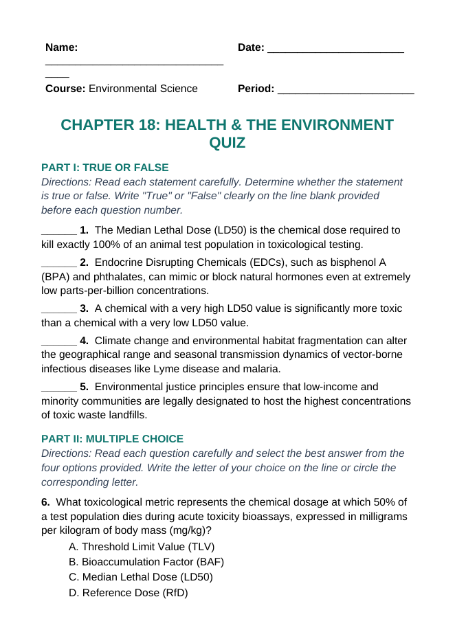 Health and the Environment Lesson Quiz sample page