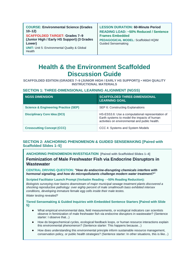 Health and the Environment Scaffolded Phenomena-Based Lesson: Feminization of Male Freshwater Fish via Endocrine Disruptors in Wastewater Teacher Discussion Guide sample page
