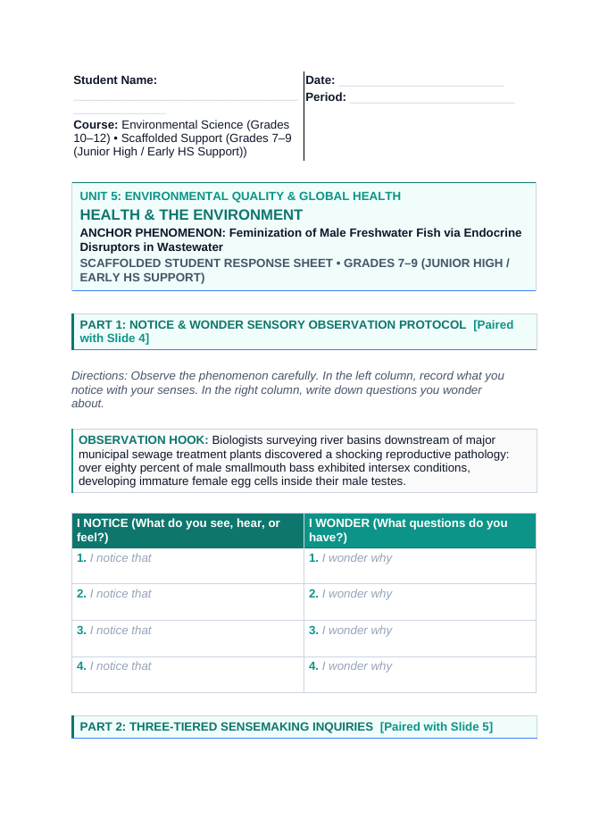 Health and the Environment Scaffolded Phenomena-Based Lesson: Feminization of Male Freshwater Fish via Endocrine Disruptors in Wastewater Student Response Sheet sample page
