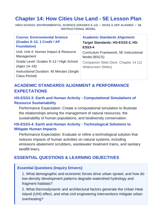 How Cities Use Land 5E Lesson Plan sample page
