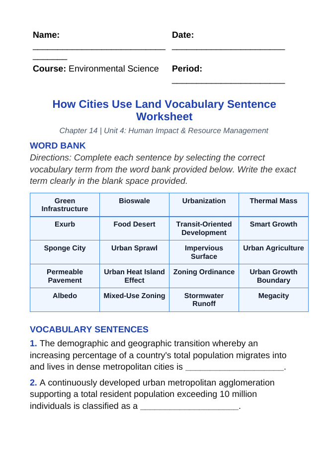 How Cities Use Land Fill-in-the-Blank Vocabulary Worksheet sample page
