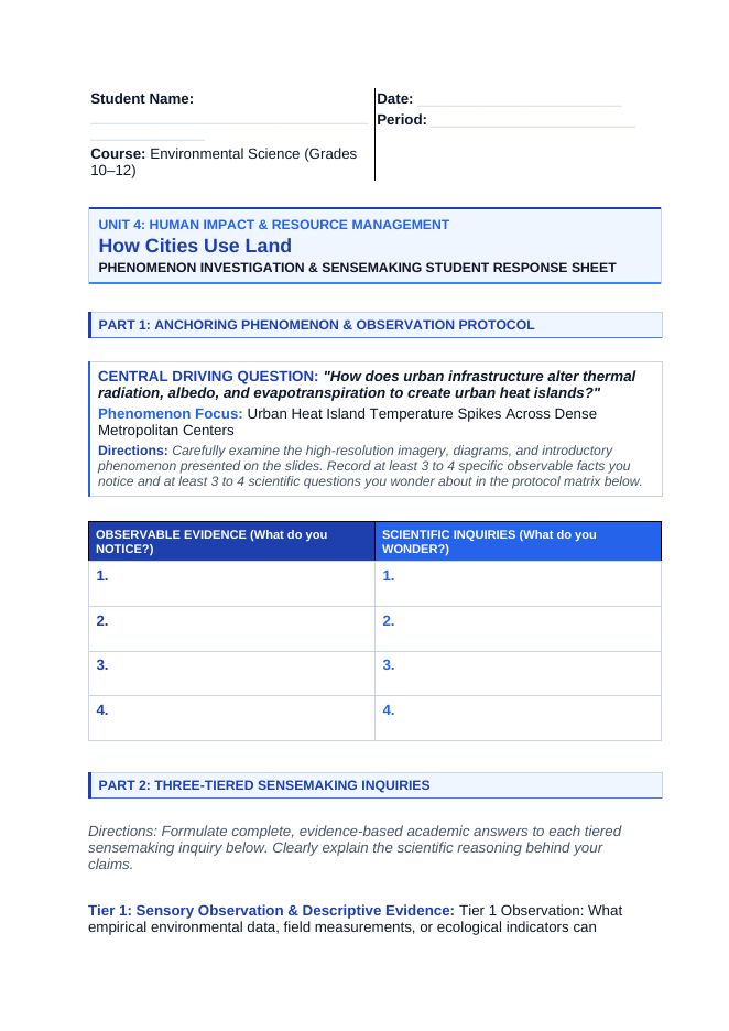 How Cities Use Land Phenomena-Based Lesson: Urban Heat Island Temperature Spikes Across Dense Metropolitan Centers Student Response Sheet sample page