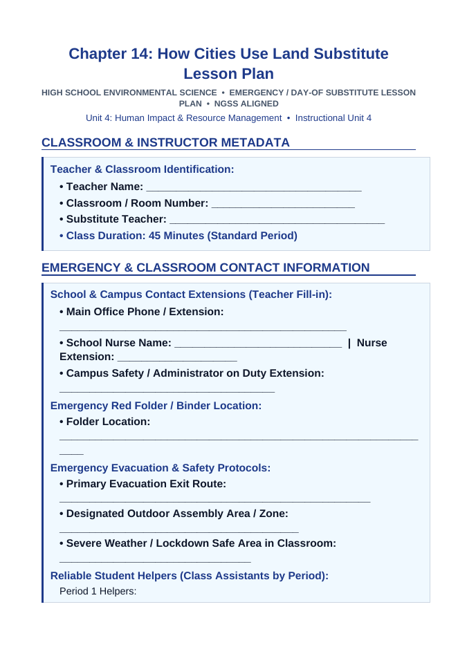 How Cities Use Land Substitute Lesson Plan sample page