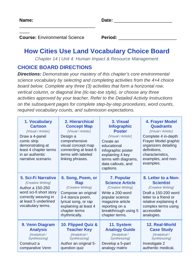 How Cities Use Land Vocabulary Choice Board sample page