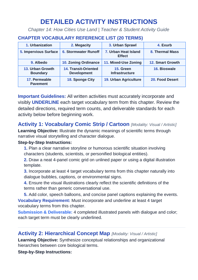How Cities Use Land Vocabulary Choice Board sample page