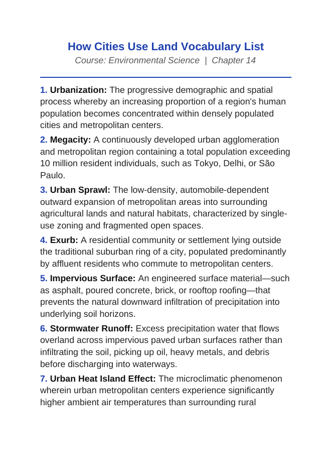 How Cities Use Land Vocabulary Words & Definitions sample page