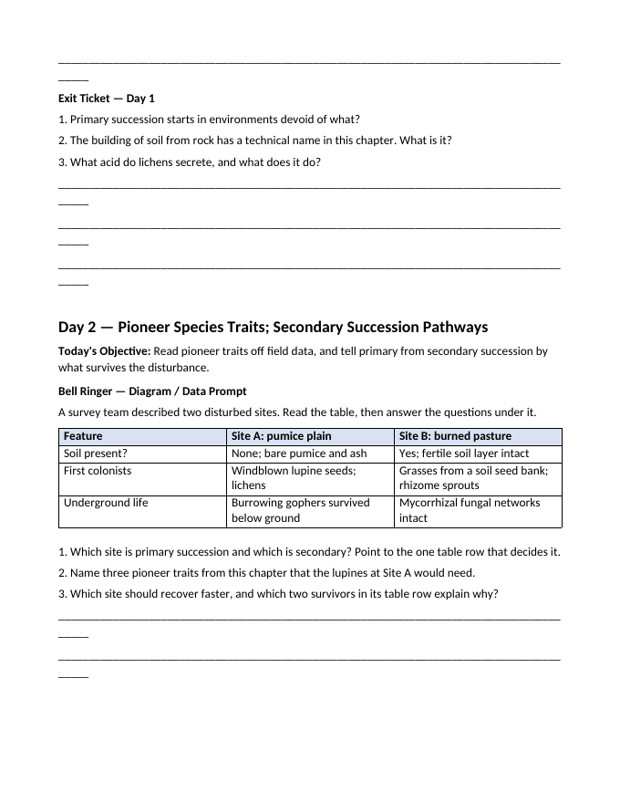 How Ecosystems Change Over Time Bell Ringers & Exit Tickets sample page