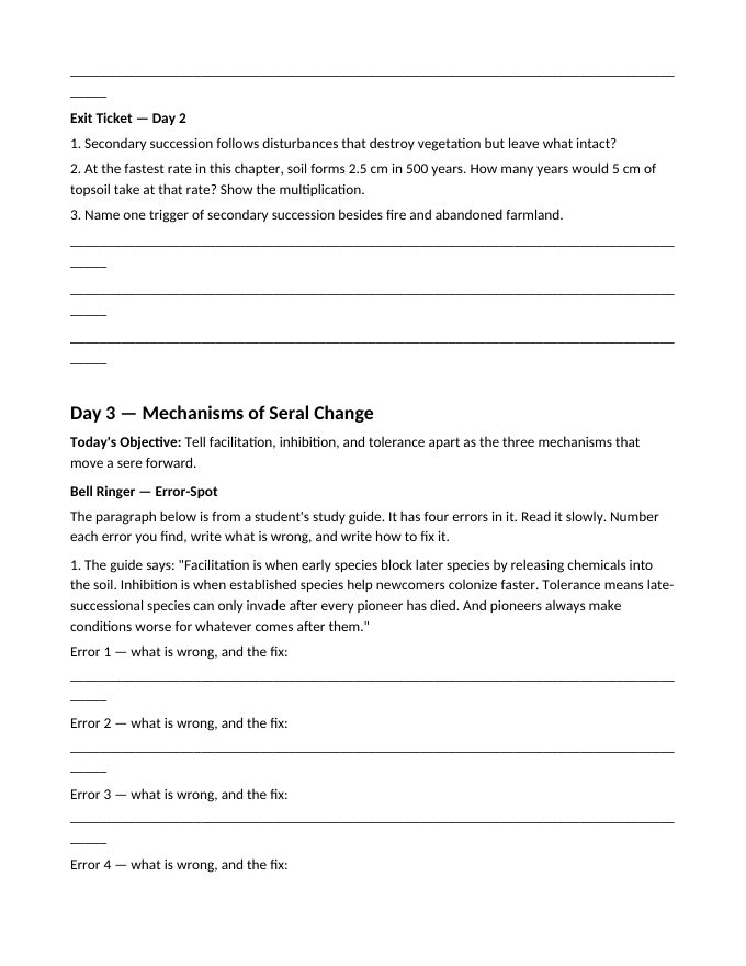 How Ecosystems Change Over Time Bell Ringers & Exit Tickets sample page