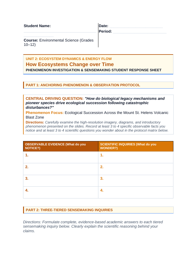 How Ecosystems Change Over Time Phenomena-Based Lesson: Ecological Succession Across the Mount St. Helens Volcanic Blast Zone Student Response Sheet sample page