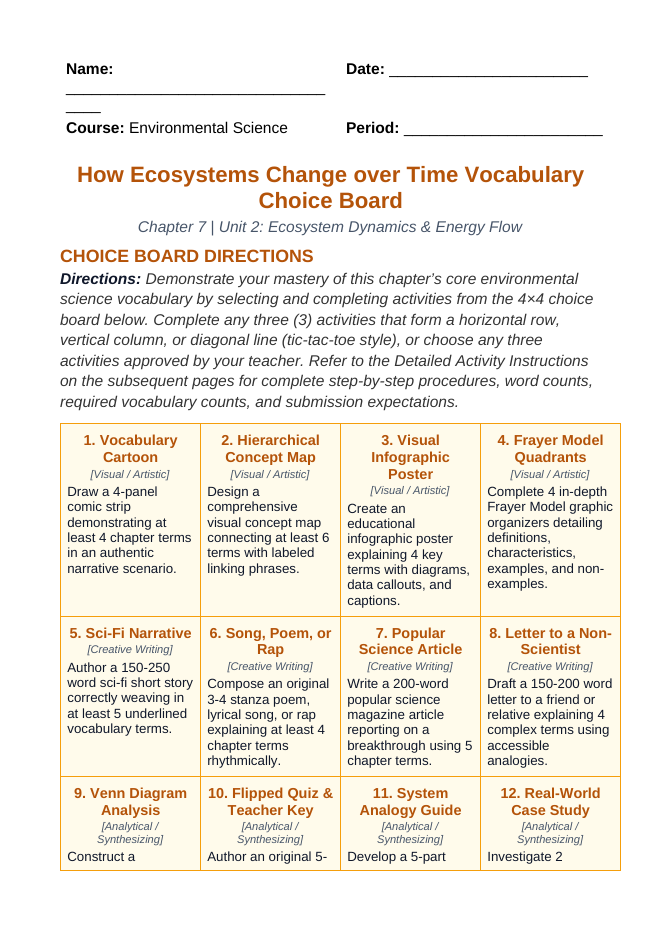 How Ecosystems Change Over Time Vocabulary Choice Board sample page