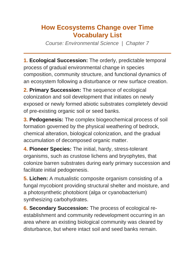 How Ecosystems Change Over Time Vocabulary Words & Definitions sample page