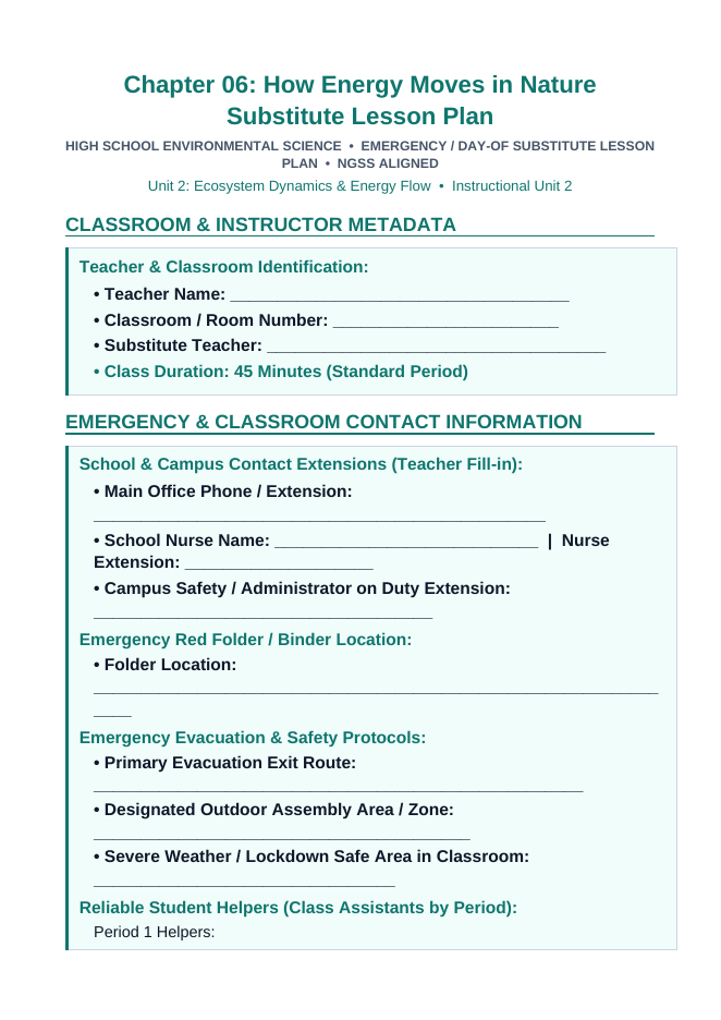 How Energy Moves in Nature Substitute Lesson Plan sample page