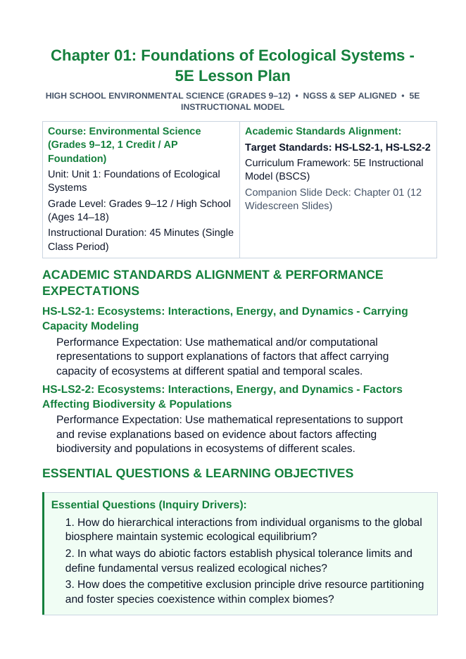 Intro to Ecological Systems 5E Lesson Plan sample page