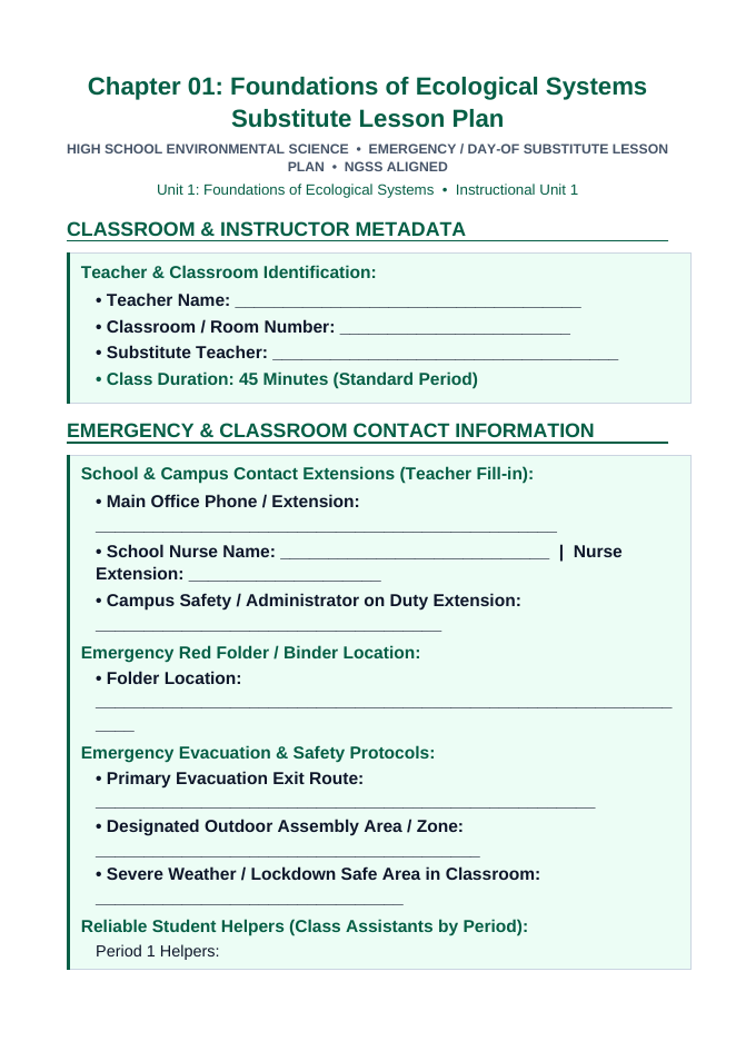 Intro to Ecological Systems Substitute Lesson Plan sample page