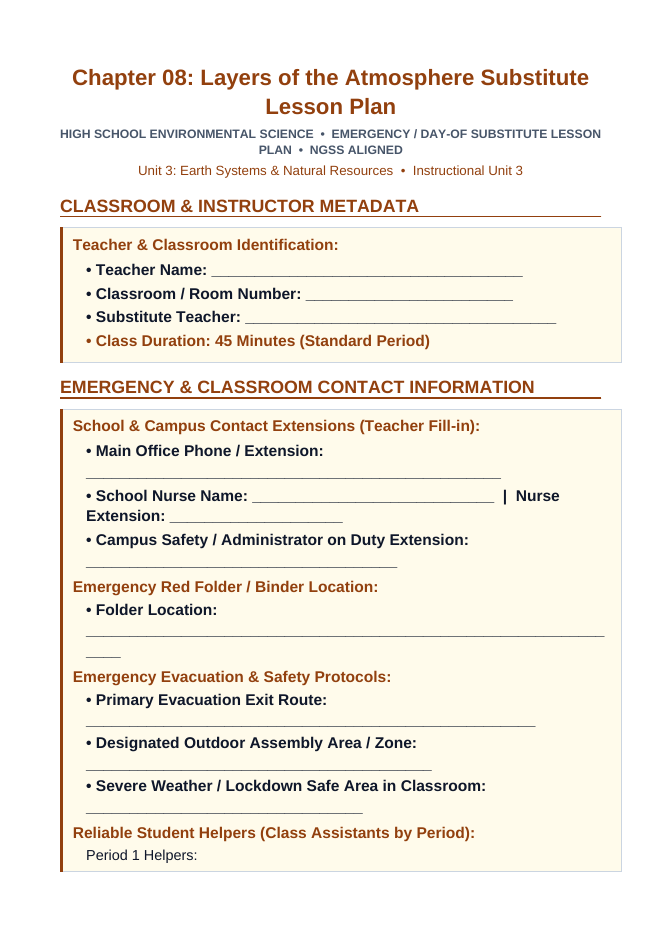 Layers of the Atmosphere Substitute Lesson Plan sample page