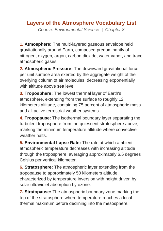 Layers of the Atmosphere Vocabulary Words & Definitions sample page