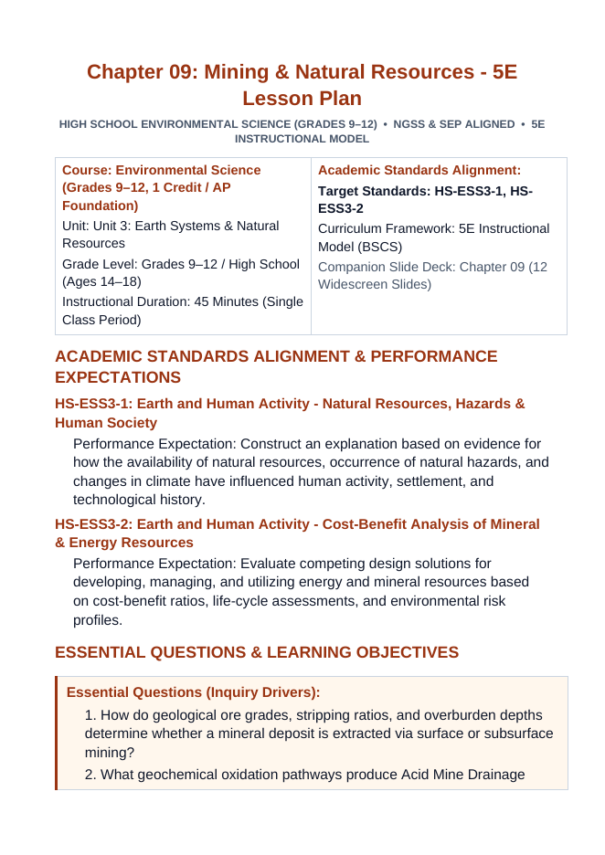 Mining and Natural Resources 5E Lesson Plan sample page
