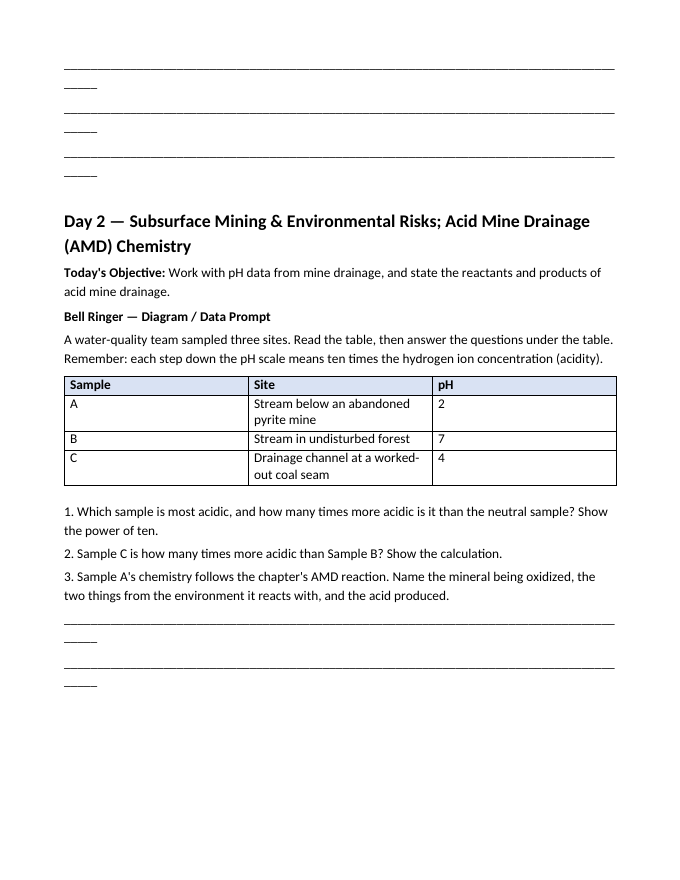 Mining and Natural Resources Bell Ringers & Exit Tickets sample page