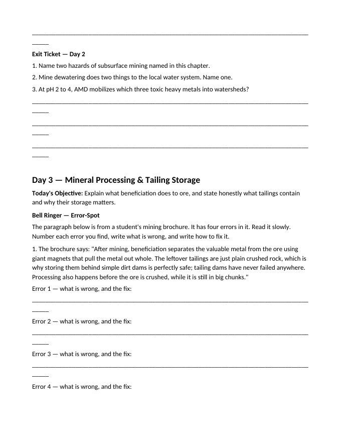 Mining and Natural Resources Bell Ringers & Exit Tickets sample page
