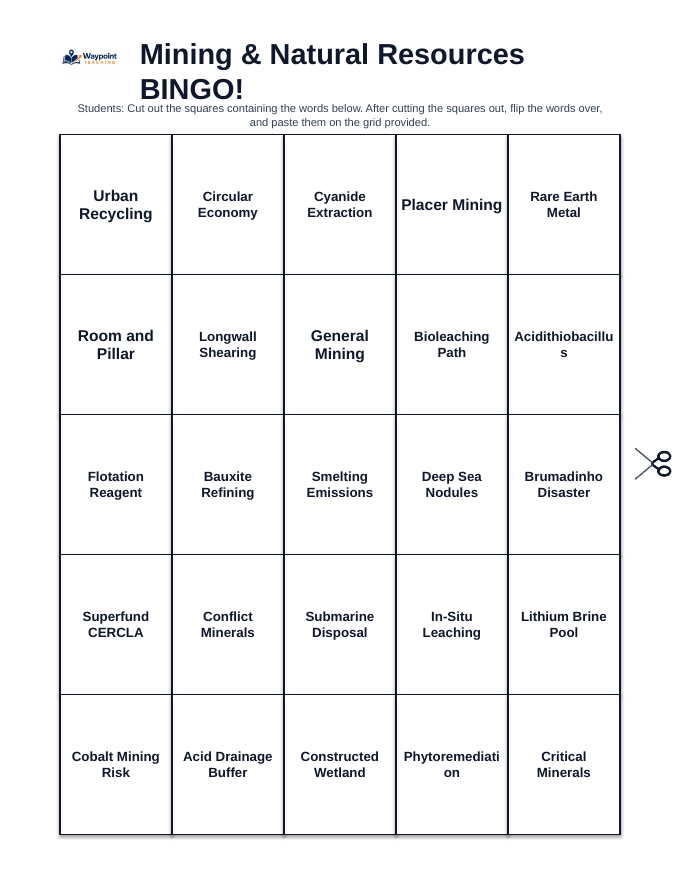 Mining and Natural Resources BINGO Review Game sample page