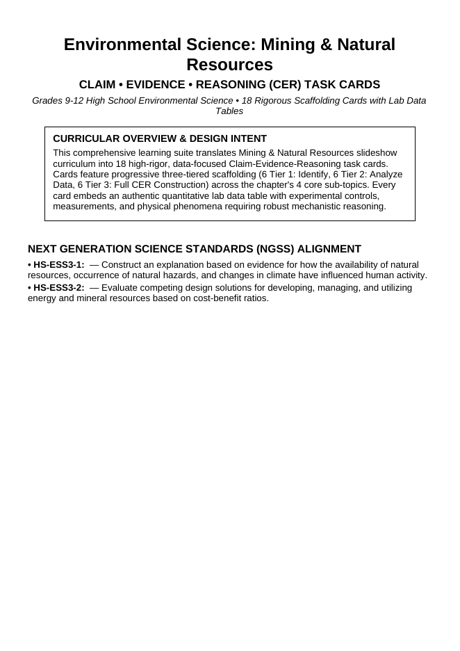 Mining and Natural Resources CER Task Cards sample page